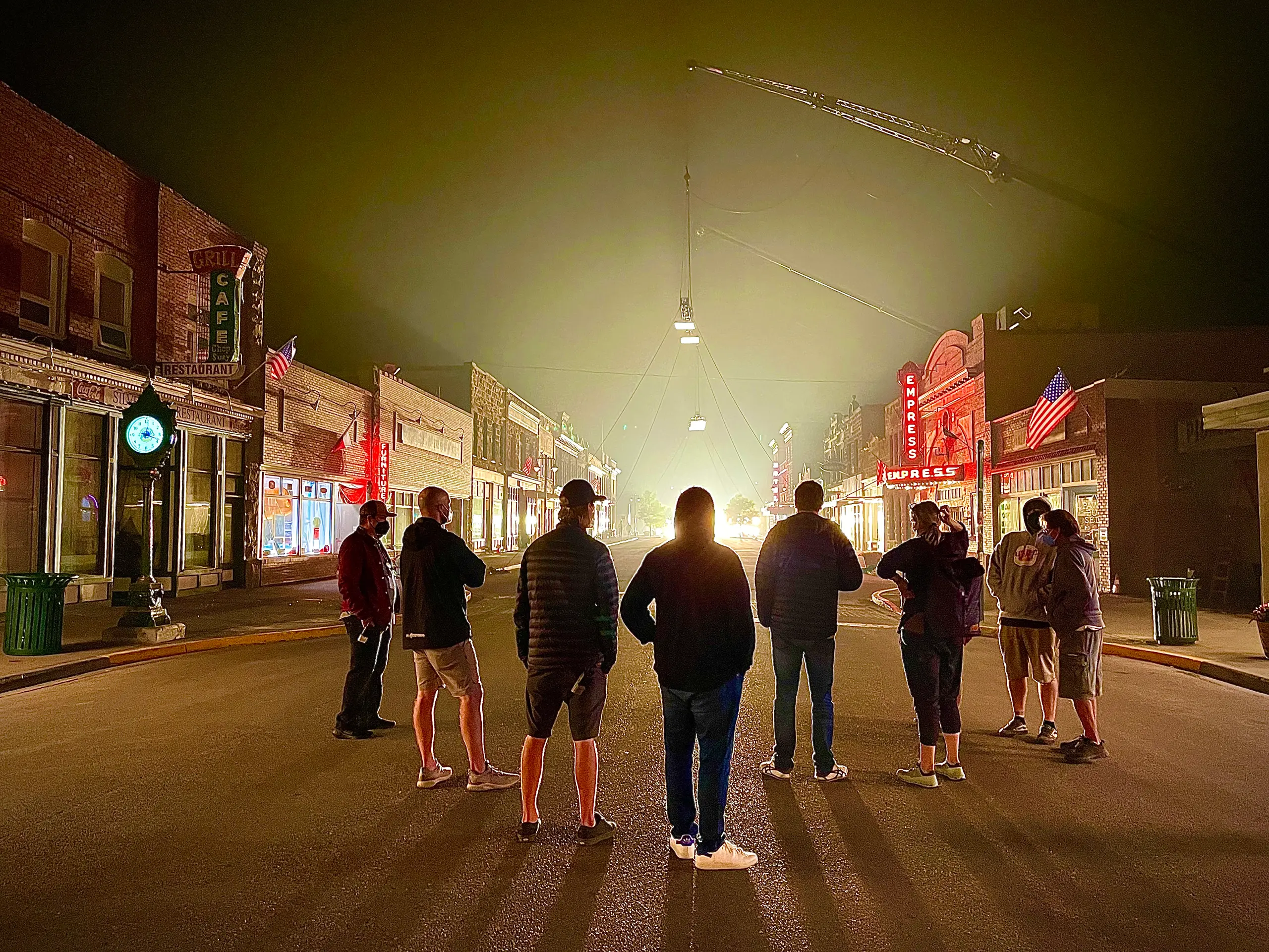 Paul Slatter with The Last of Us crew at night on set